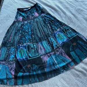 Jean Paul Gaultier power mesh maxiskirt with clothing print, elastic waist, RARE